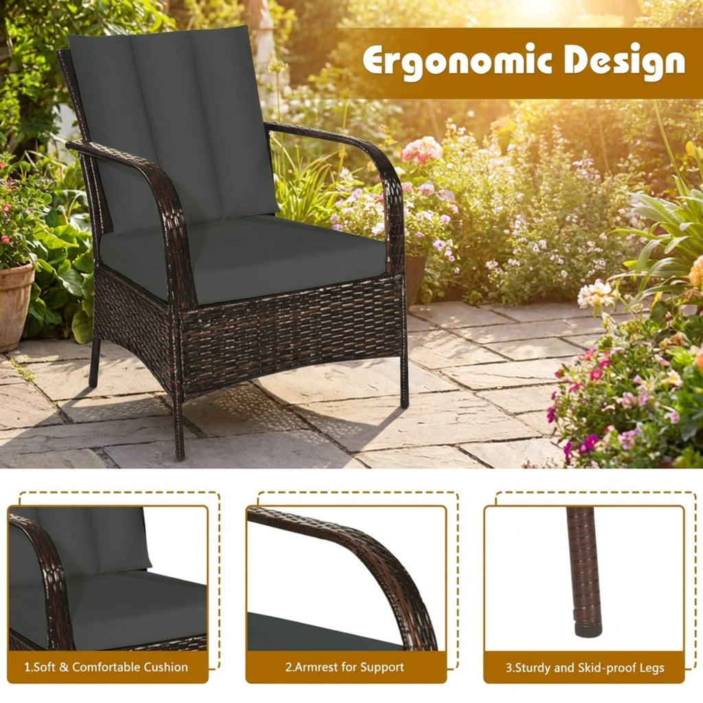 Biotree 3 Pcs Patio Conversation Rattan Furniture Set with Glass Top Coffee Table and CushionsGray