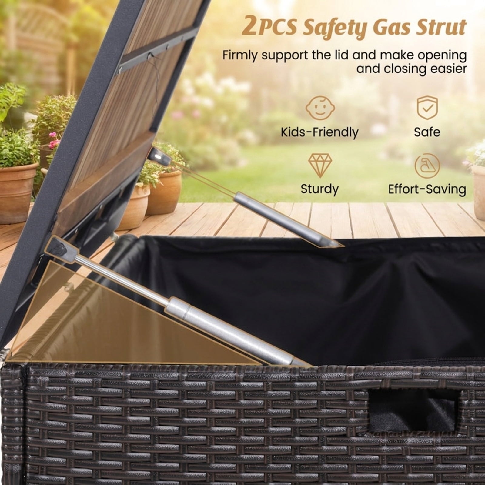 Biotree 134 Gallon Rattan Storage Box with Zippered Liner and Solid Acacia Wood Top Outdoor Waterproof for Patio Deck Garden Cushions, Brown