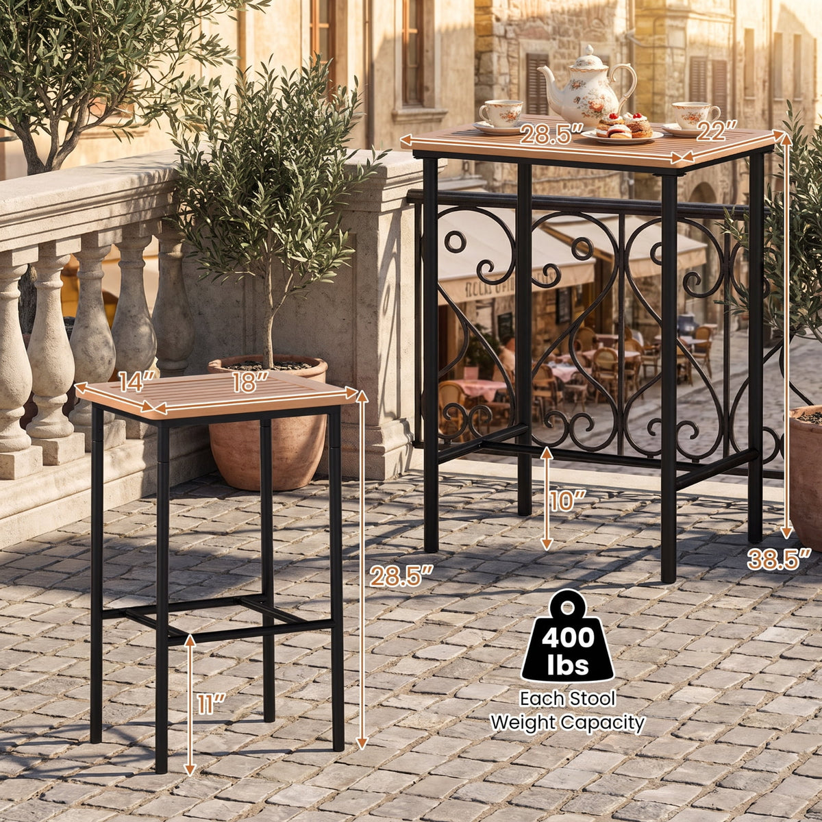 Biotree 3-Piece Acacia Wood Outdoor Bistro Set with Bar Table and 2 Stools