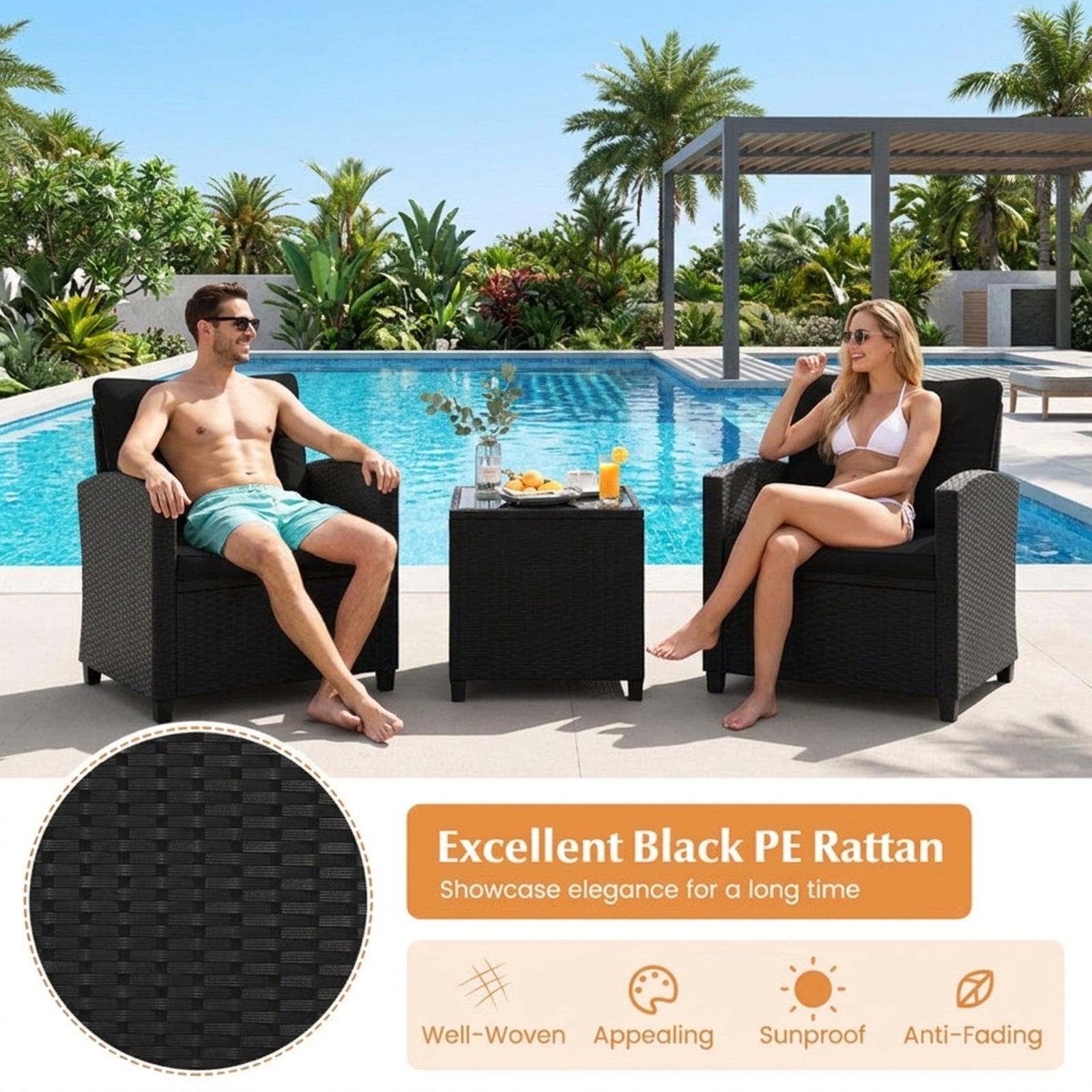 Biotree 3 Pieces Patio Furniture Set with Tempered Glass Coffee Table Outdoor Conversation Set for Garden Backyard PorchBlack