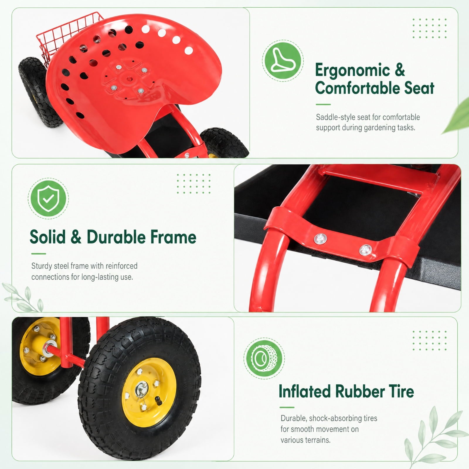 Biotree Rolling Garden Cart with Seat, 360¡ãSwivel Seat Adjustable Height,330lbs Load Capacity, Wagon Scooter with Storage Bracket and Tool Tray, Suitable for Patio Yard, Red