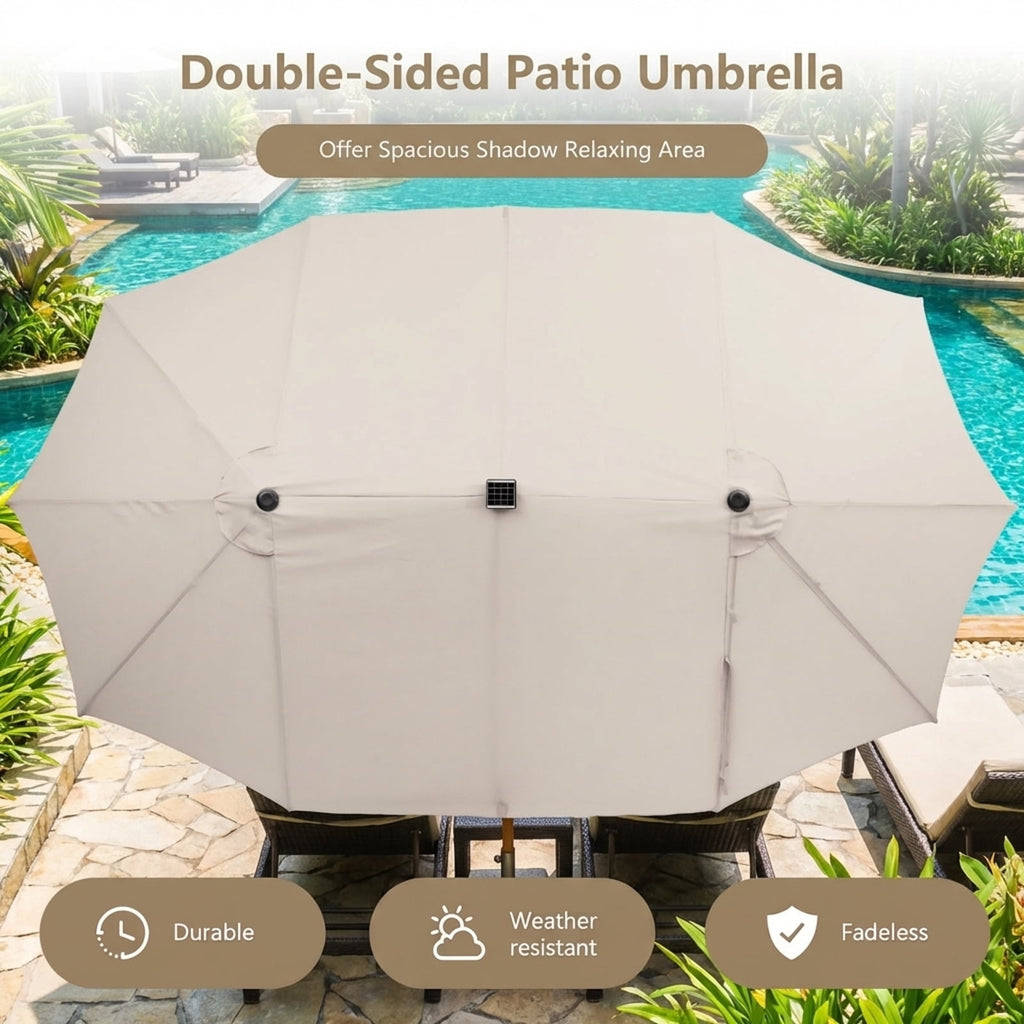 Biotree 15 Feet Double-Sided Patio Umbrella with 48 LED Lights-Beige Outdoor Backyard Deck Garden Pool