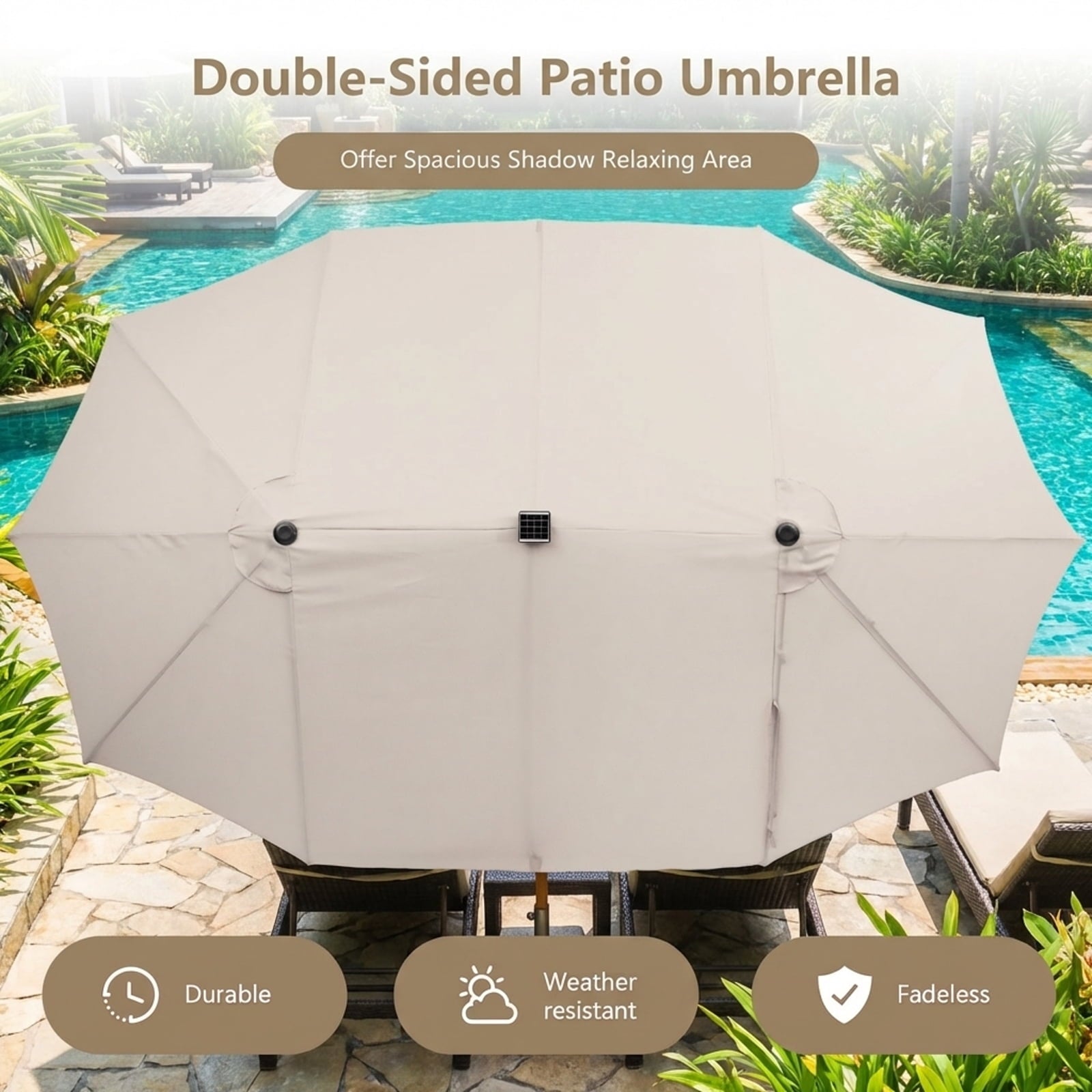 Biotree 15 Feet Double-Sided Patio Umbrella with 48 LED Lights-Beige Outdoor Backyard Deck Garden Pool