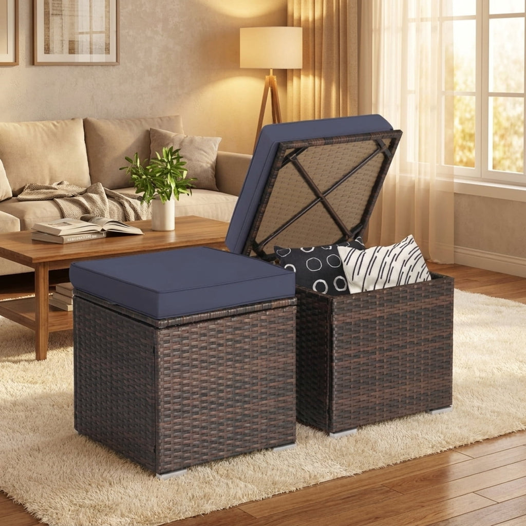 Biotree 2 Pieces Patio Ottoman with Removable Cushions Stackable Patio Chair for Garden BackyardNavy