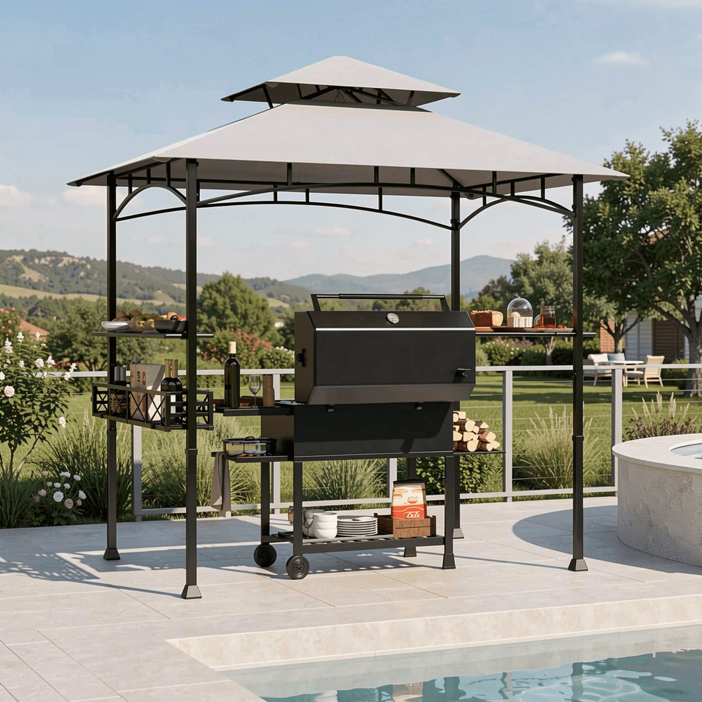 Biotree 8 x 5 Feet Outdoor Grill Gazebo with 2 Side Shelves and 10 Hooks Gray - Outdoor Patio Backyard Garden Shade Canopy Shelter