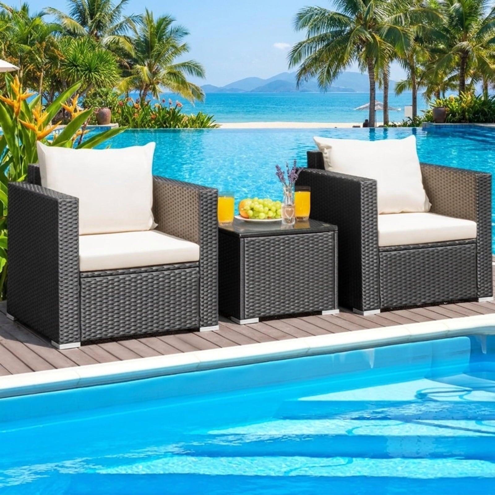 Biotree 3 Pieces Patio Wicker Conversation Set with Cushion Outdoor Conversation Set for Garden Backyard PorchWhite