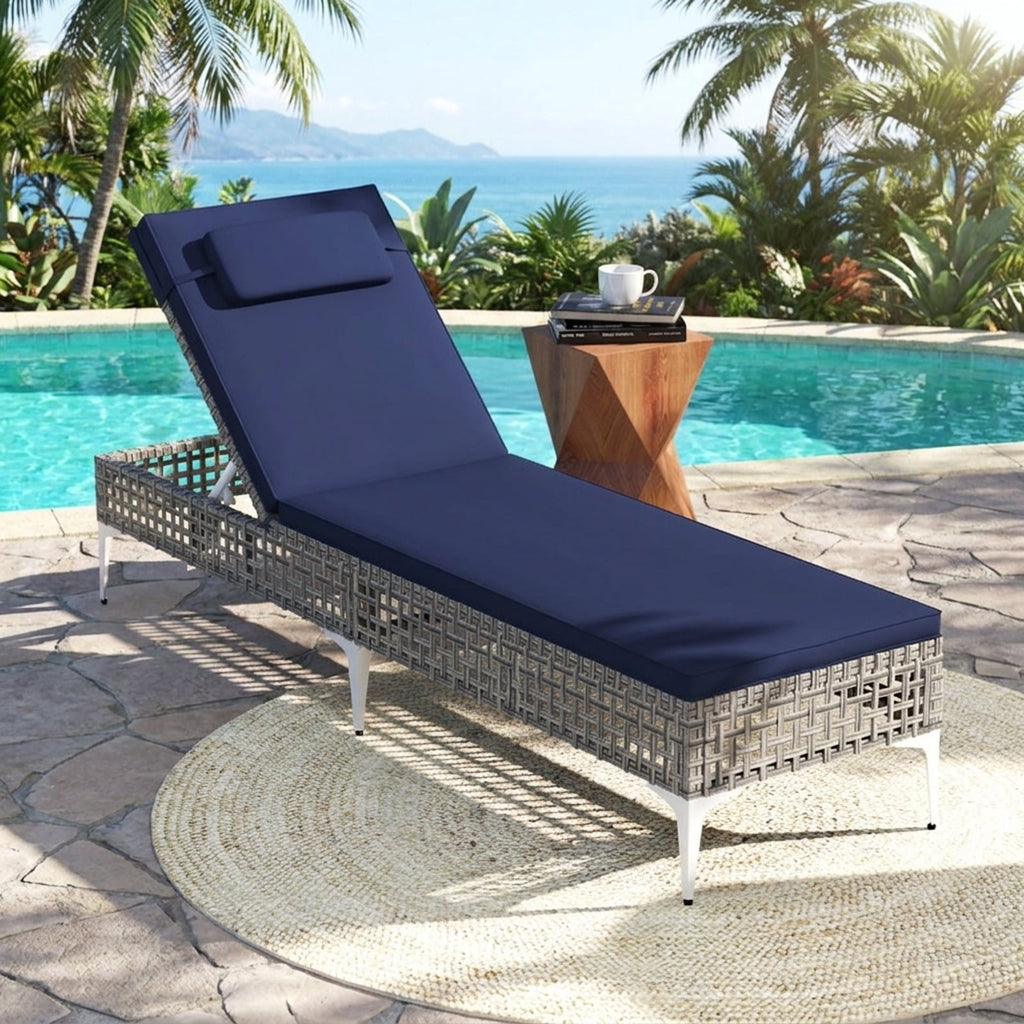 Biotree Patio Chaise Lounge Chair with 6-Level Adjustable Backrest and Headrest for Poolside Stackable Patio Chair for Garden BackyardNavy