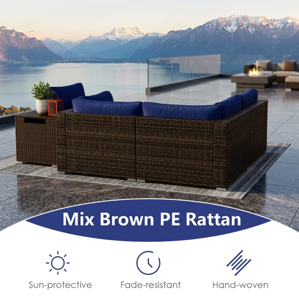 Biotree 7 Pieces Outdoor Furniture Set with 32 Inch Fire Pit Table and Propane Tank Cover Outdoor Conversation Set for Garden Backyard PorchNavy