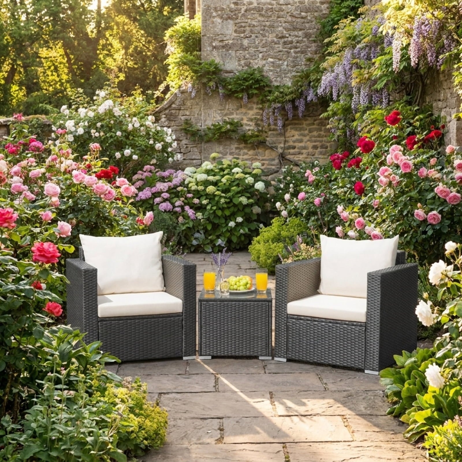 Biotree 3 Pieces Patio Wicker Conversation Set with Cushion Outdoor Conversation Set for Garden Backyard PorchWhite