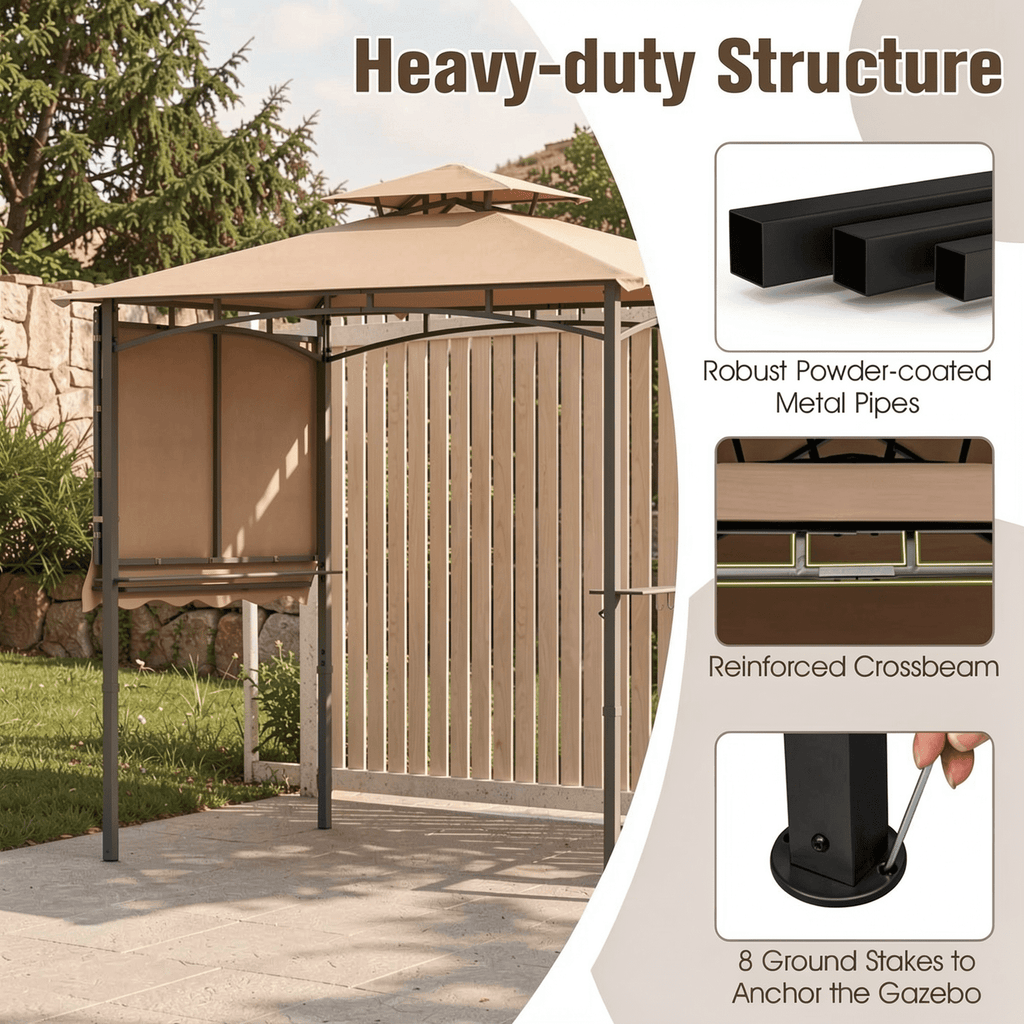 Biotree 11 x 5 FT Grill Gazebo with Side Awning and Double-Tiered Top Brown - Outdoor Patio Backyard Garden Shade Canopy Shelter