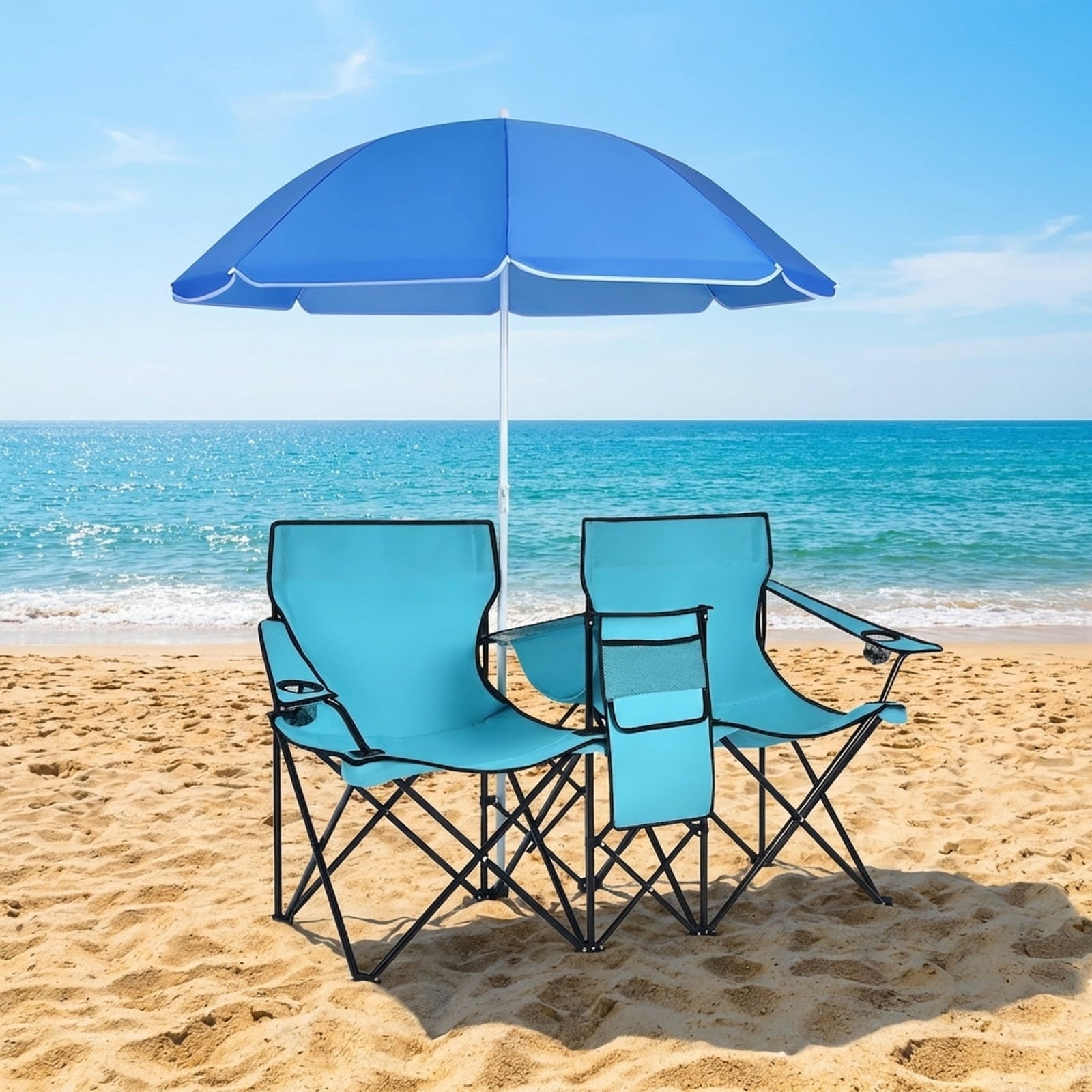 Biotree Double Camping Chair with Removable Umbrella Portable Folding Loveseat with Cooler Bag and Cup Holders for Beach Picnic, Turquoise