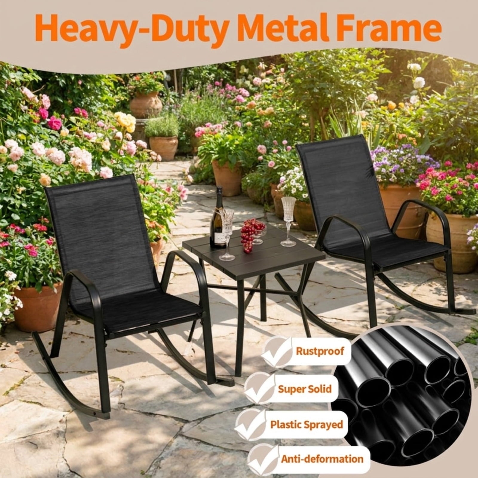 Biotree Set of 2 Metal Patio Rocking Chair with Breathable Seat Fabric Stackable Patio Chair for Garden BackyardBlack