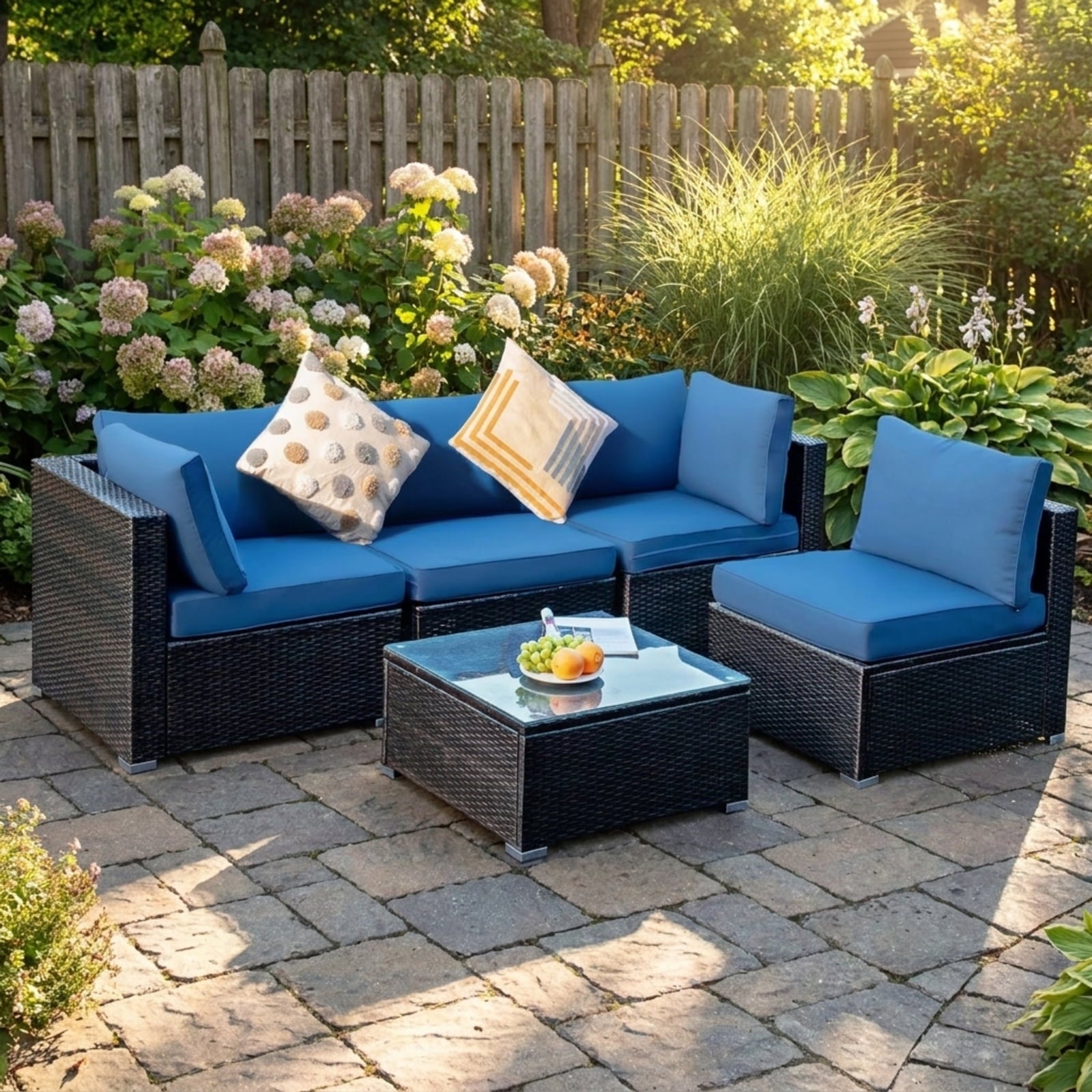 Biotree 5 Pieces Cushioned Patio Rattan Furniture Set with Glass Table Outdoor Conversation Set for Garden Backyard PorchNavy