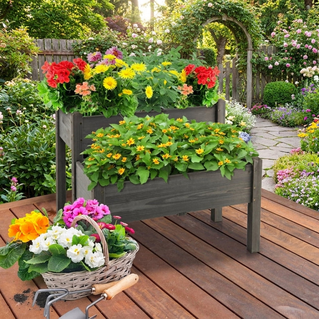 Biotree 2 Tier Wooden Raised Garden Bed with Legs Drain Holes, 34x33.5x28.5 Inch Stacked Fir Wood Elevated Planter Box for Vegetables Flowers Herbs, Gray