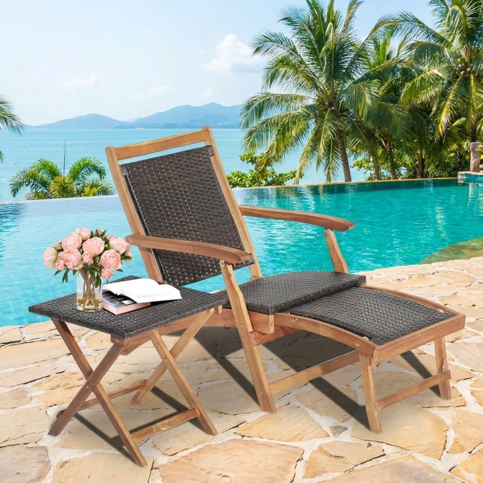 Biotree 2 Pieces Patio Rattan Folding Lounge Chair with Acacia Wood Table Stackable Patio Chair for Garden BackyardMix Brown