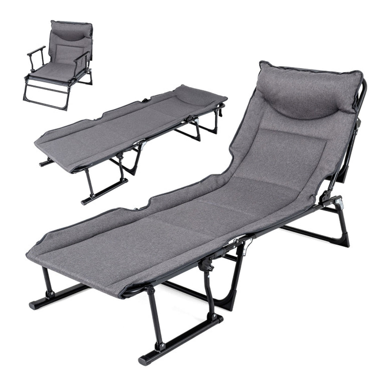 Biotree Folding Camping Cot 3 in 1 Convertible Padded Single Sofa Chair with Sturdy Steel Frame and 375 lbs Capacity for Outdoor Camping and Backyard Lounging, Gray