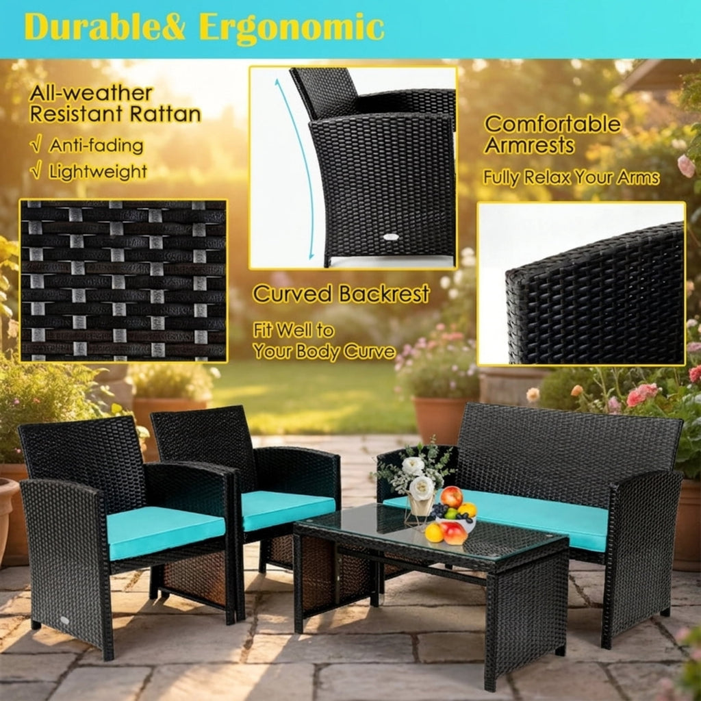Biotree 4 Pieces Patio Rattan Furniture Set with Glass Table and Loveseat Outdoor Conversation Set for Garden Backyard PorchGray