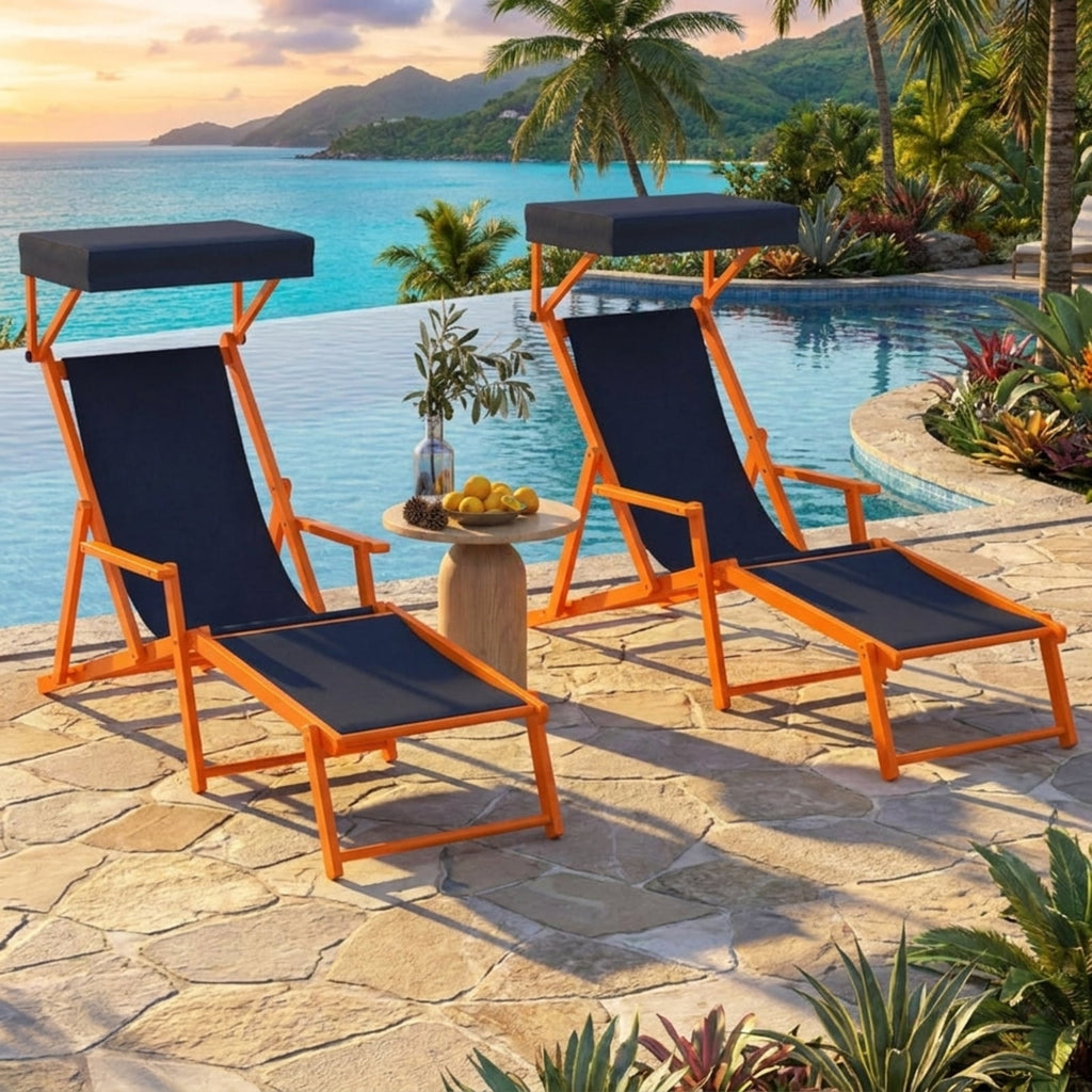 Biotree Birch Wood Chaise Lounge Chair Foldable Beach Chair with Adjustable Canopy Stackable Patio Chair for Garden BackyardNavy