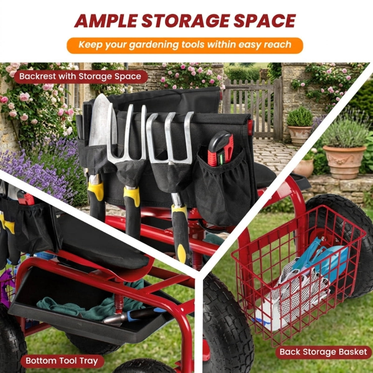 Biotree 330lbs Rolling Garden Cart with Height Adjustable 360¡ãSwivel Seat, Garden Scooter with Storage Basket, Sit Down Garden Cart with Tool Tray for Weeding Planting Gardening Red