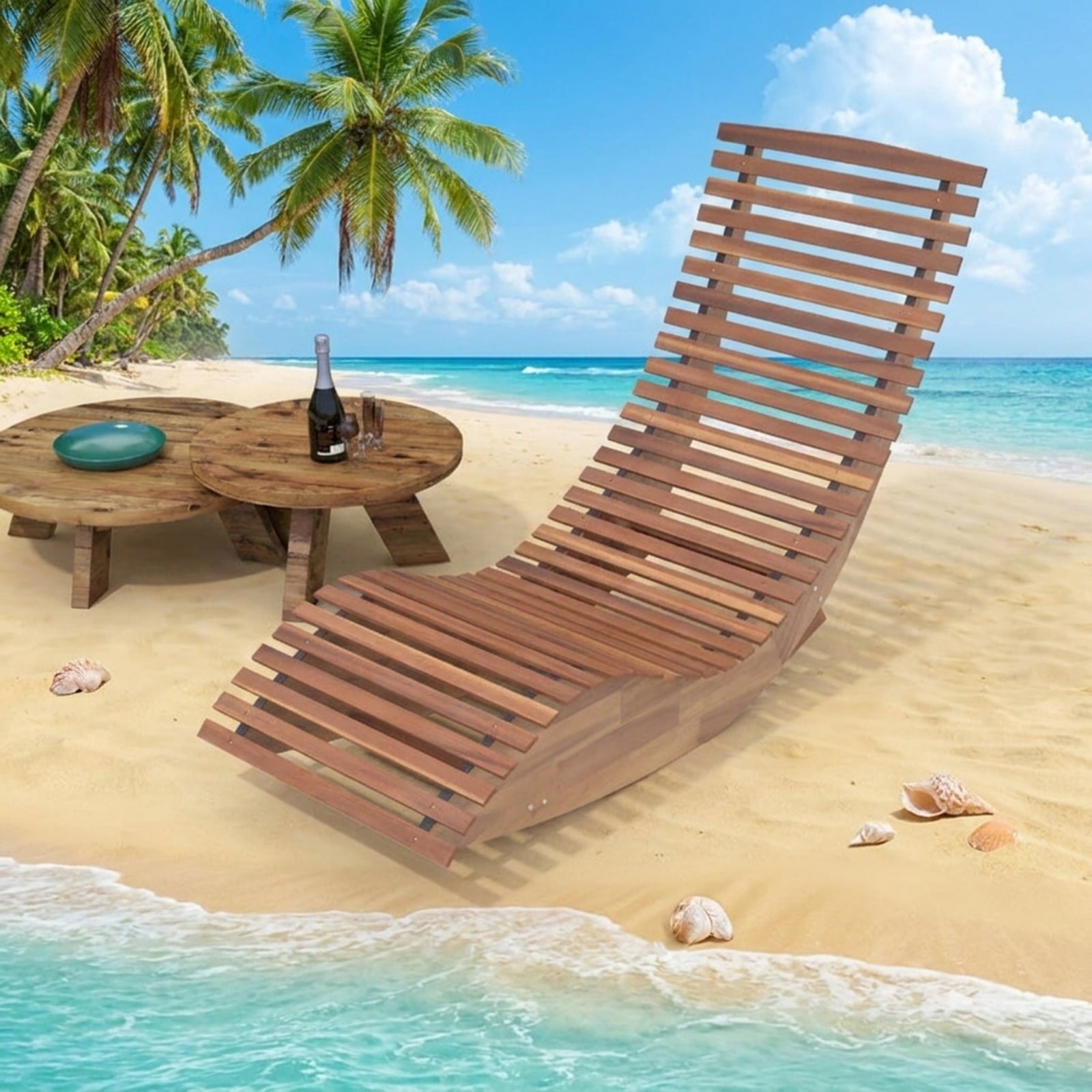 Biotree Outdoor Acacia Wood Rocking Chair with Widened Slatted Seat and High Back Stackable Patio Chair for Garden BackyardNatural