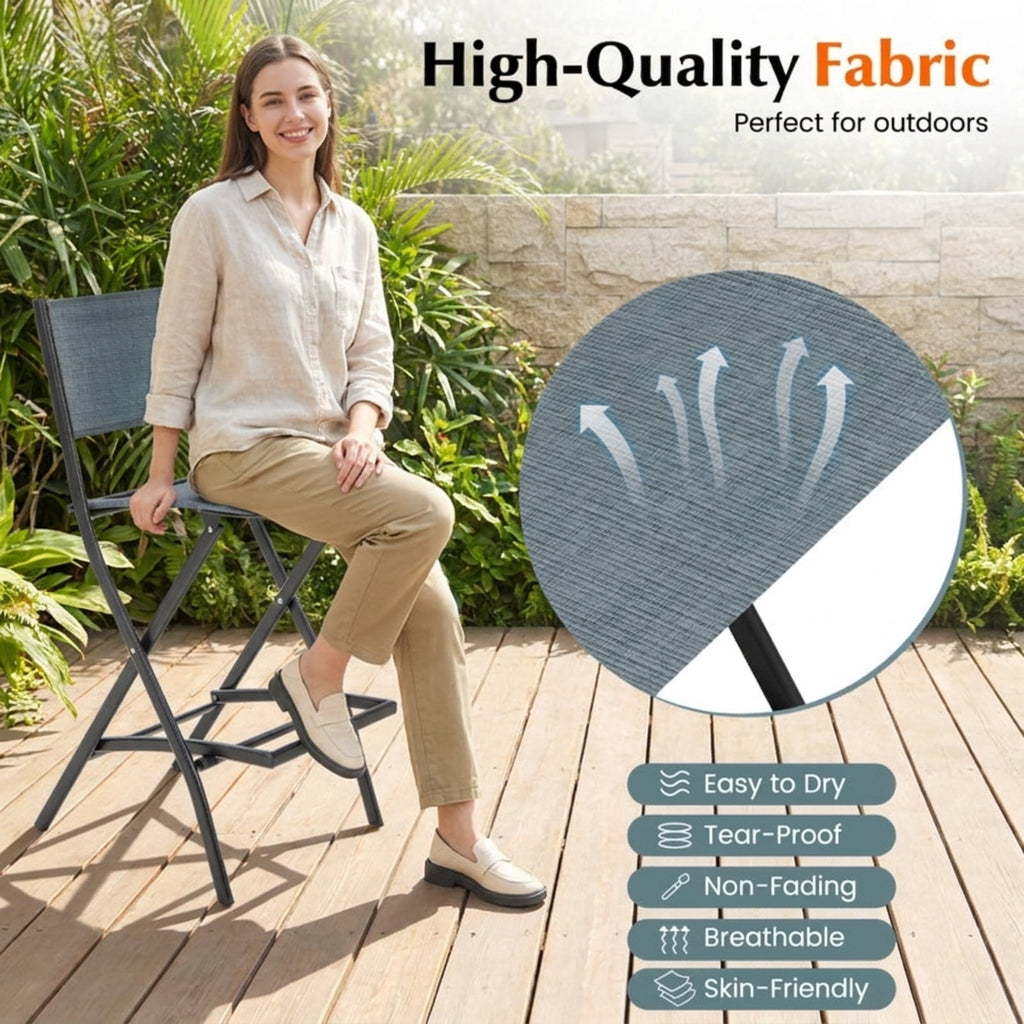 Biotree Folding Bar Stools Set of 2 Backrest Humanized Footrest for Patio Porch Garden Backyard Outdoor, Blue