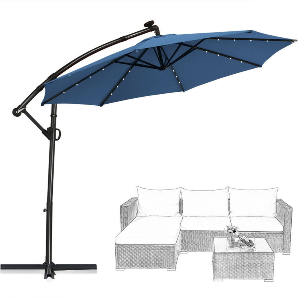 Biotree 10 ft 360¡ã Rotation Solar Powered LED Patio Offset Umbrella-Blue Outdoor Backyard Hanging Deck