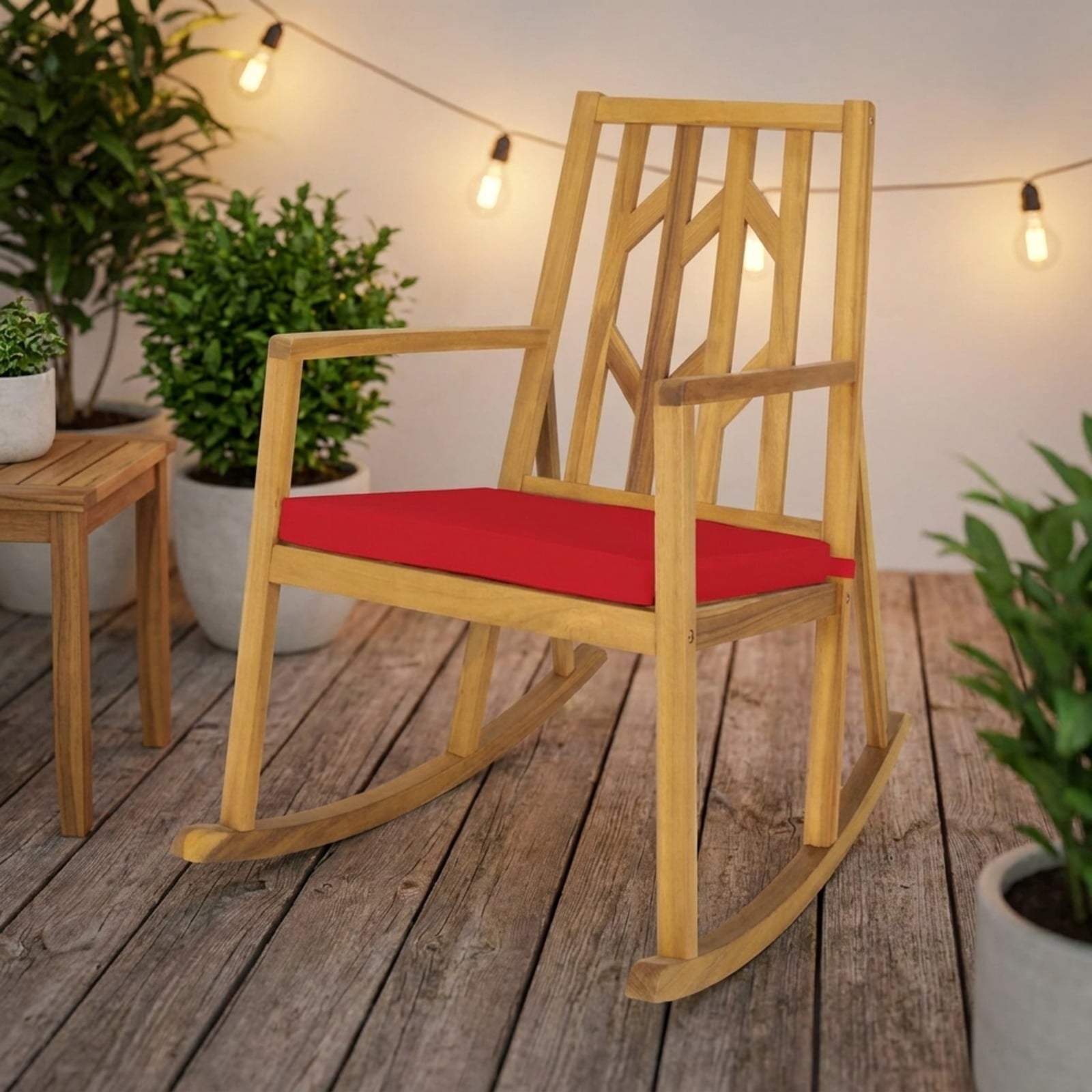Biotree Patio Acacia Wood Rocking Chair Sofa with Armrest and Cushion for Garden and Deck Stackable Patio Chair for Garden BackyardRed
