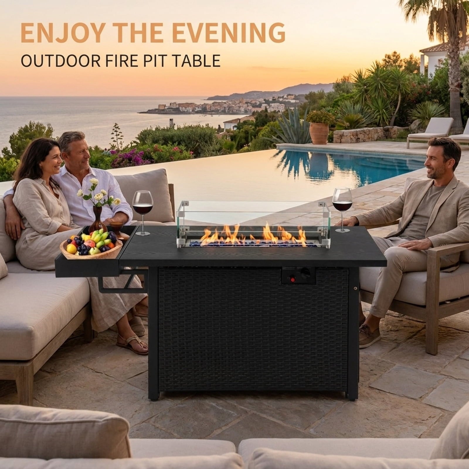 Biotree 52 Inches Outdoor Wicker Gas Fire Pit Propane Fire Table with Cover for Outdoor Patio Backyard Garden Camping, Black