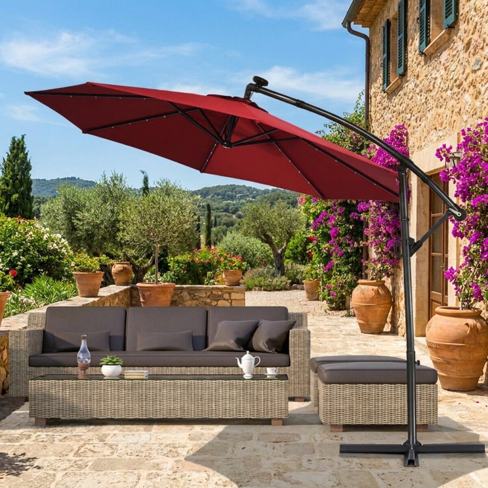Biotree 10 ft Solar Offset Hanging Umbrella with 40 LED Lights Cross Base Included 180G Polyester Canopy for Patio Outdoor - Beige