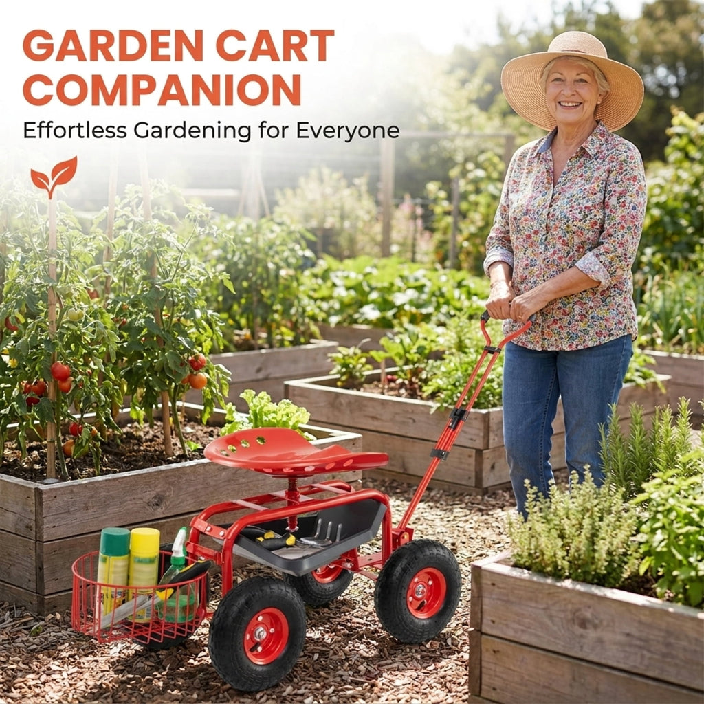 Biotree Heavy Duty Garden Cart with Tool Tray and 360 Swivel Seat for Garden Yard Lawn Work Outdoor, Red