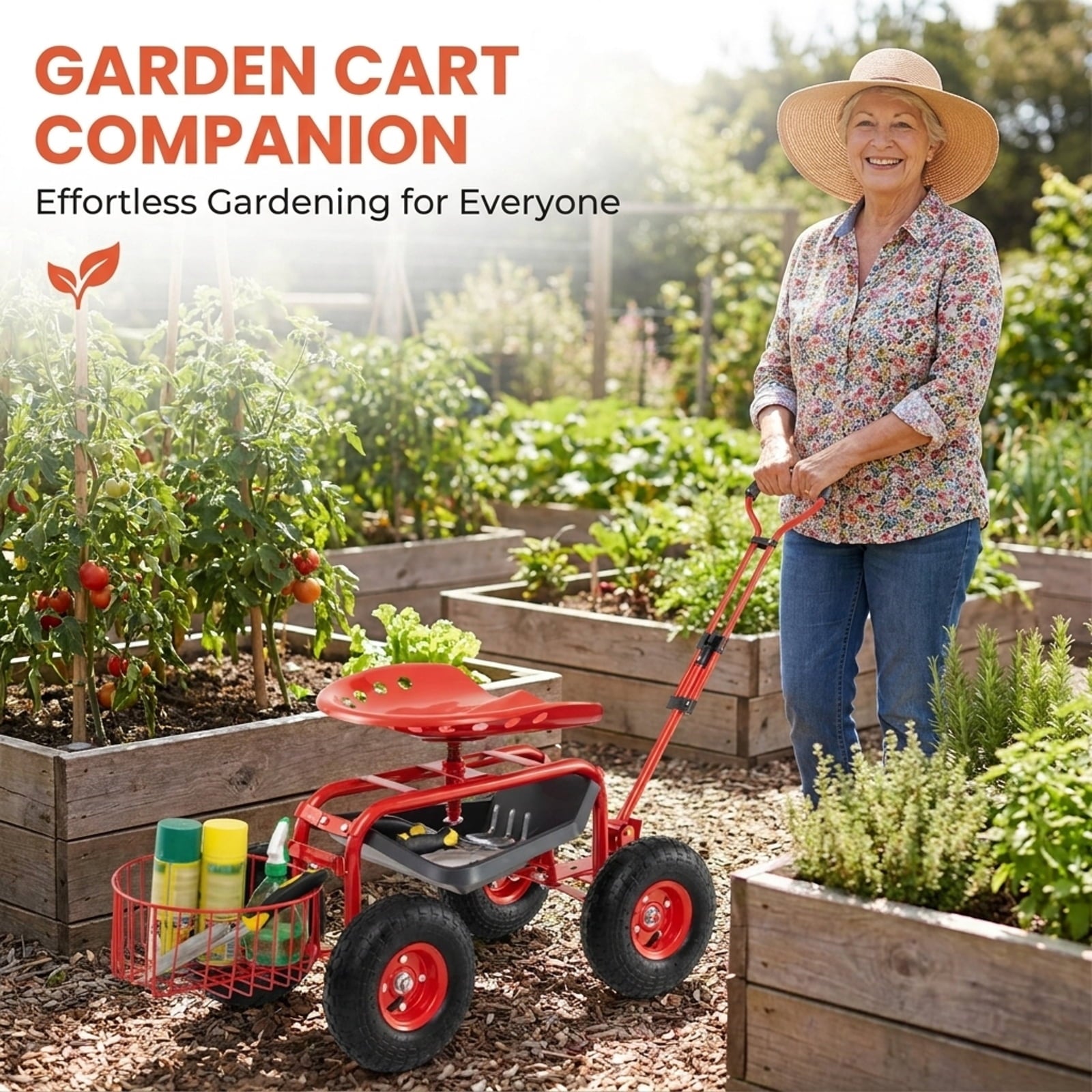 Biotree Heavy Duty Garden Cart with Tool Tray and 360 Swivel Seat for Garden Yard Lawn Work Outdoor, Red