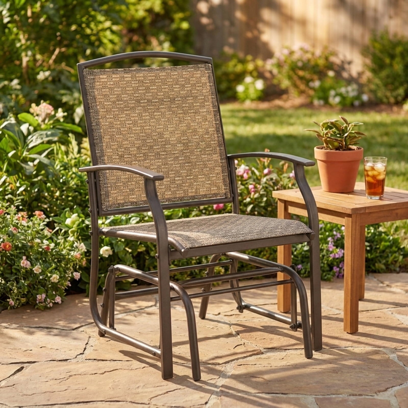Biotree 2 Pieces Patio Swing Single Glider Chair Rocking Seating Stackable Patio Chair for Garden BackyardBrown