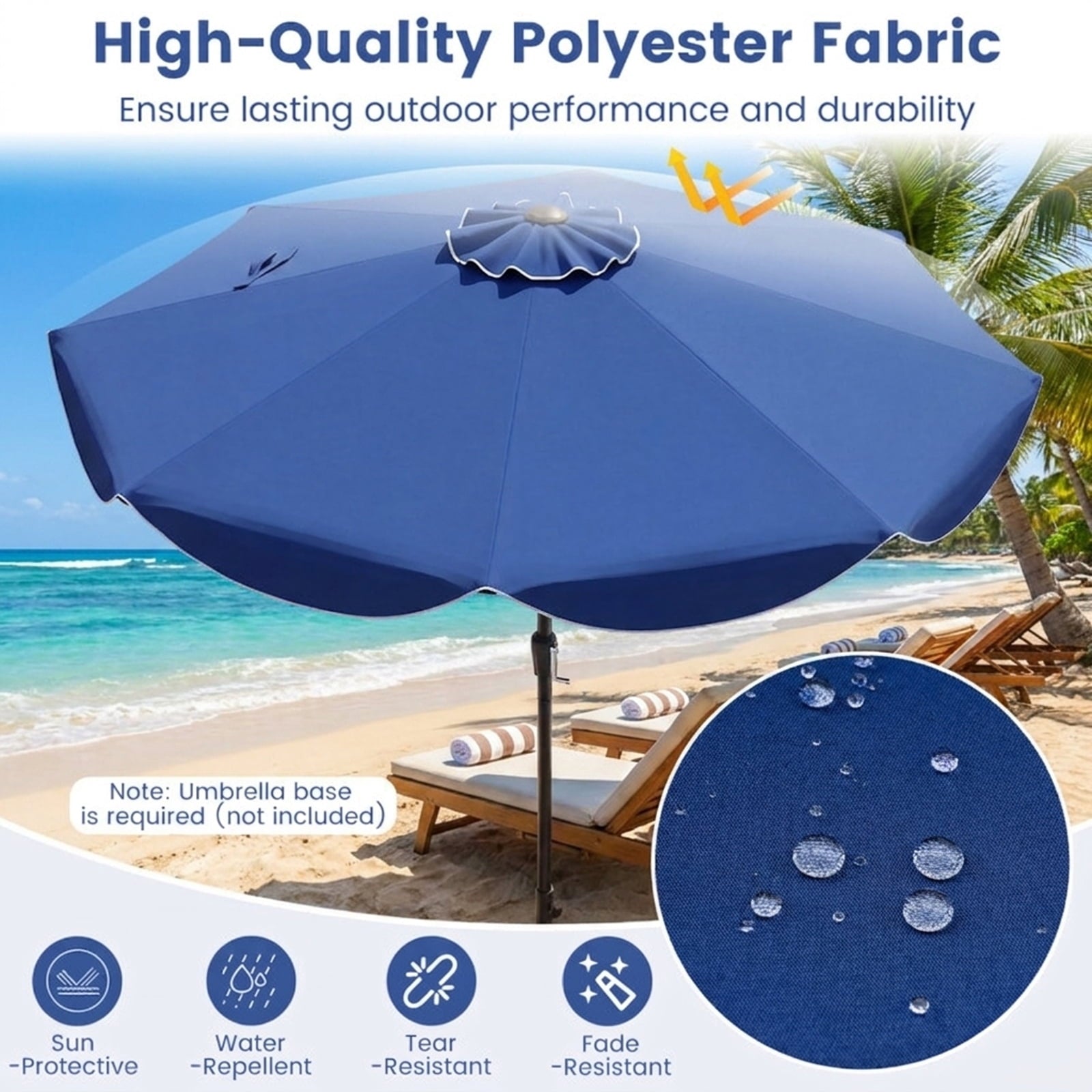 Biotree 9 ft Market Patio Umbrella with Crank and Tilt, 8 Sturdy Ribs, Vented Canopy - Navy Blue for Backyard