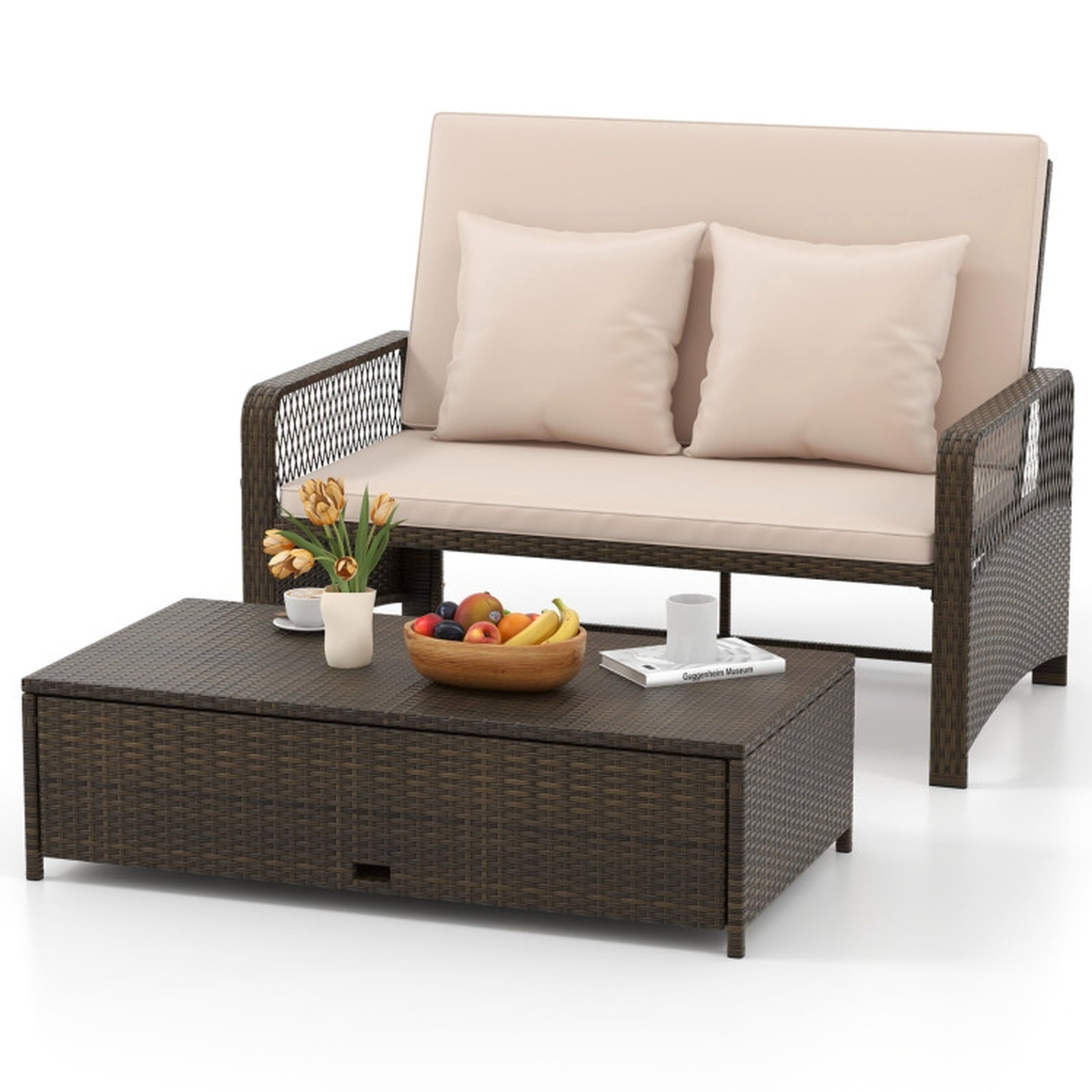 Biotree Patio Adjustable Wicker Daybed with 4-Level Backrest and Soft Cushions Outdoor Conversation Set for Garden Backyard PorchBeige