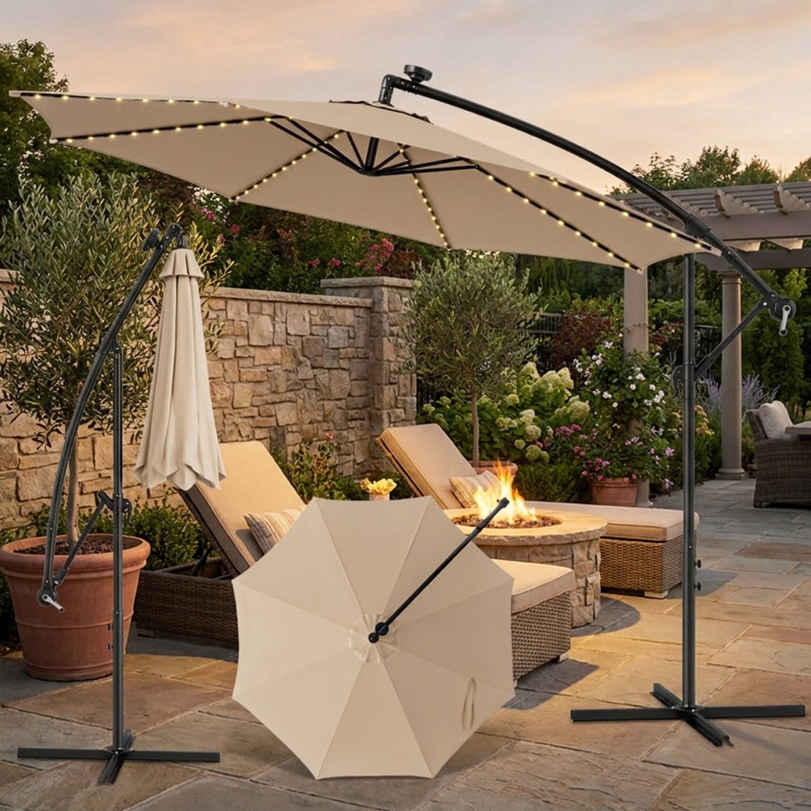 Biotree 10 ft Cantilever Offset Patio Umbrella Solar LED Lights Outdoor Shade - Beige - UV Protection