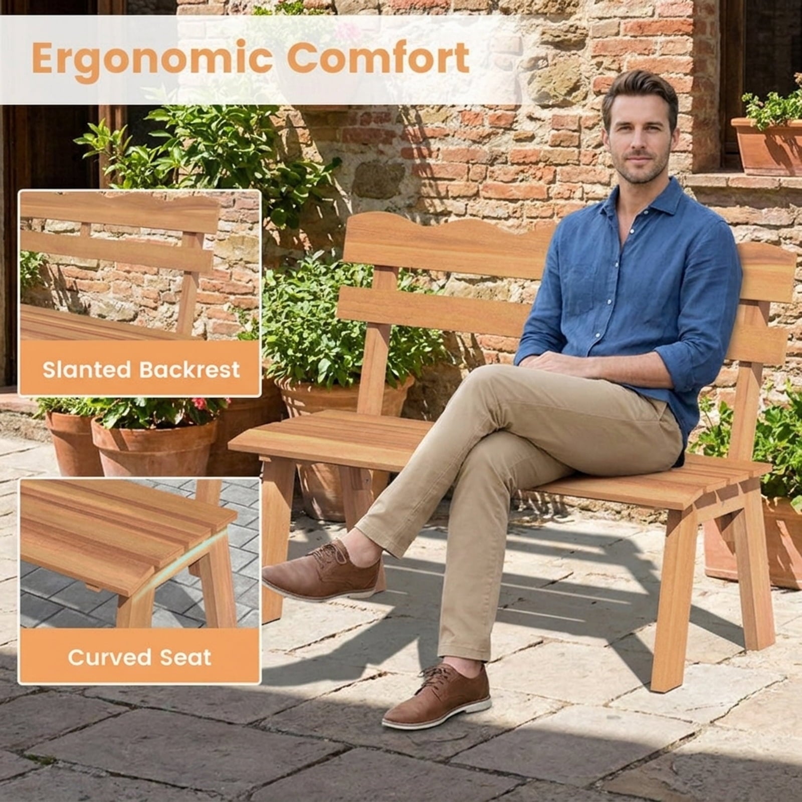 Biotree Outdoor Acacia Wood Garden Bench with 800 Lbs Weight Capacity Stackable Patio Chair for Garden BackyardNatural