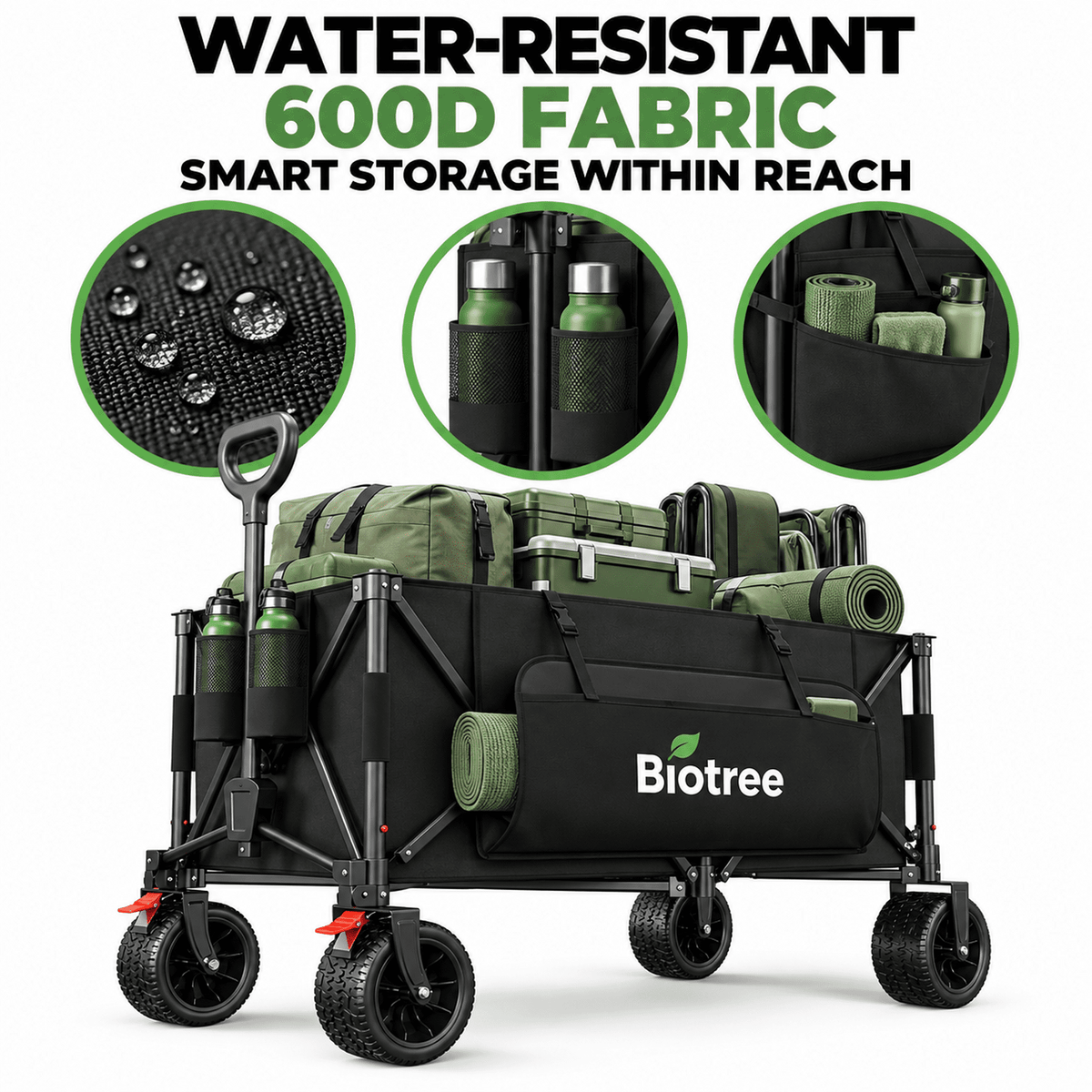 Biotree Collapsible Wagon Cart with Brakes, 600 lbs Heavy-Duty Folding Beach Wagon, 300L Large Capacity Garden Cart with All-Terrain Utility Cart for Camping Sports Shopping, Black