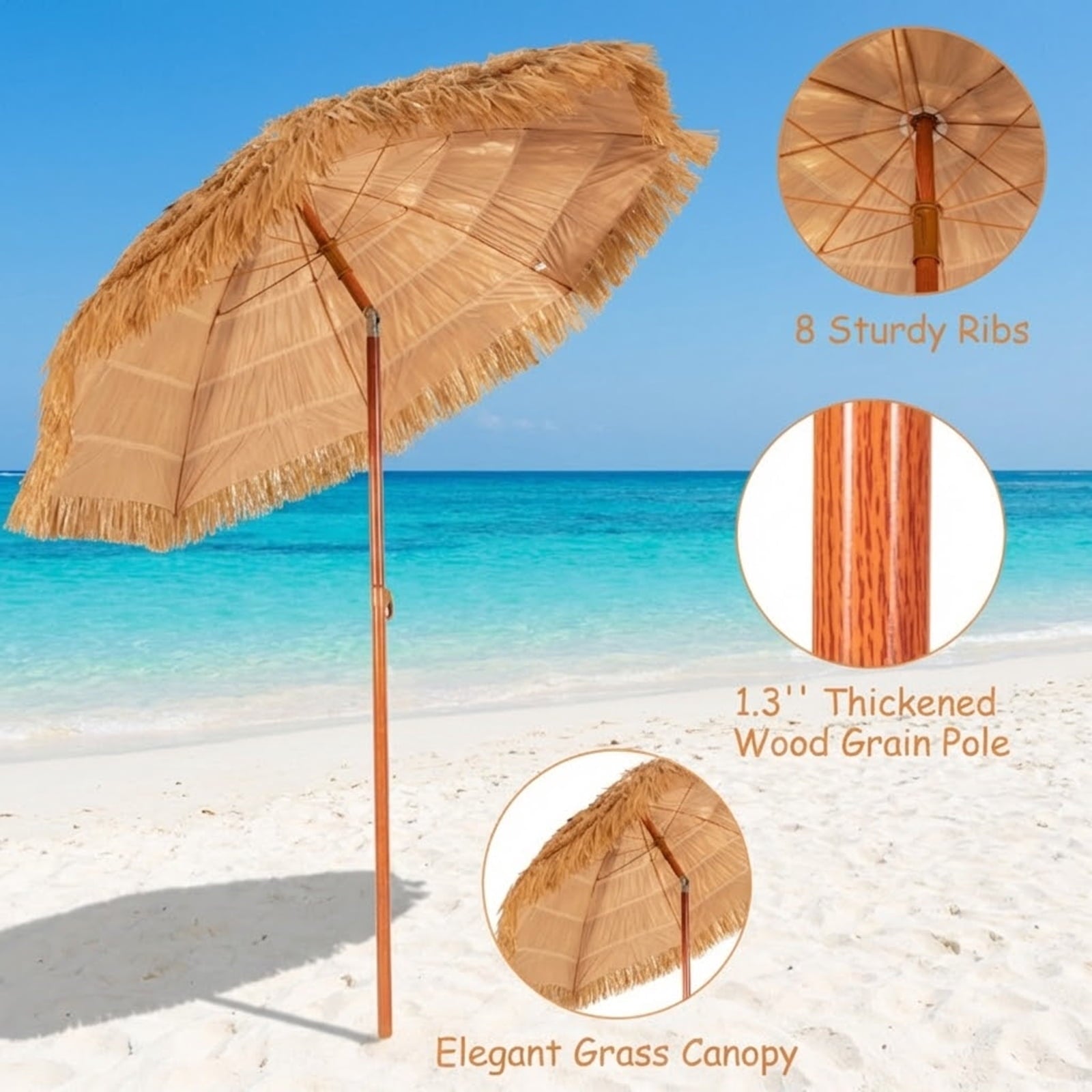 Biotree 6.5 Feet Portable Thatched Tiki Beach Umbrella with Adjustable Tilt Khaki - Portable Sun Shade for Beach Pool Backyard