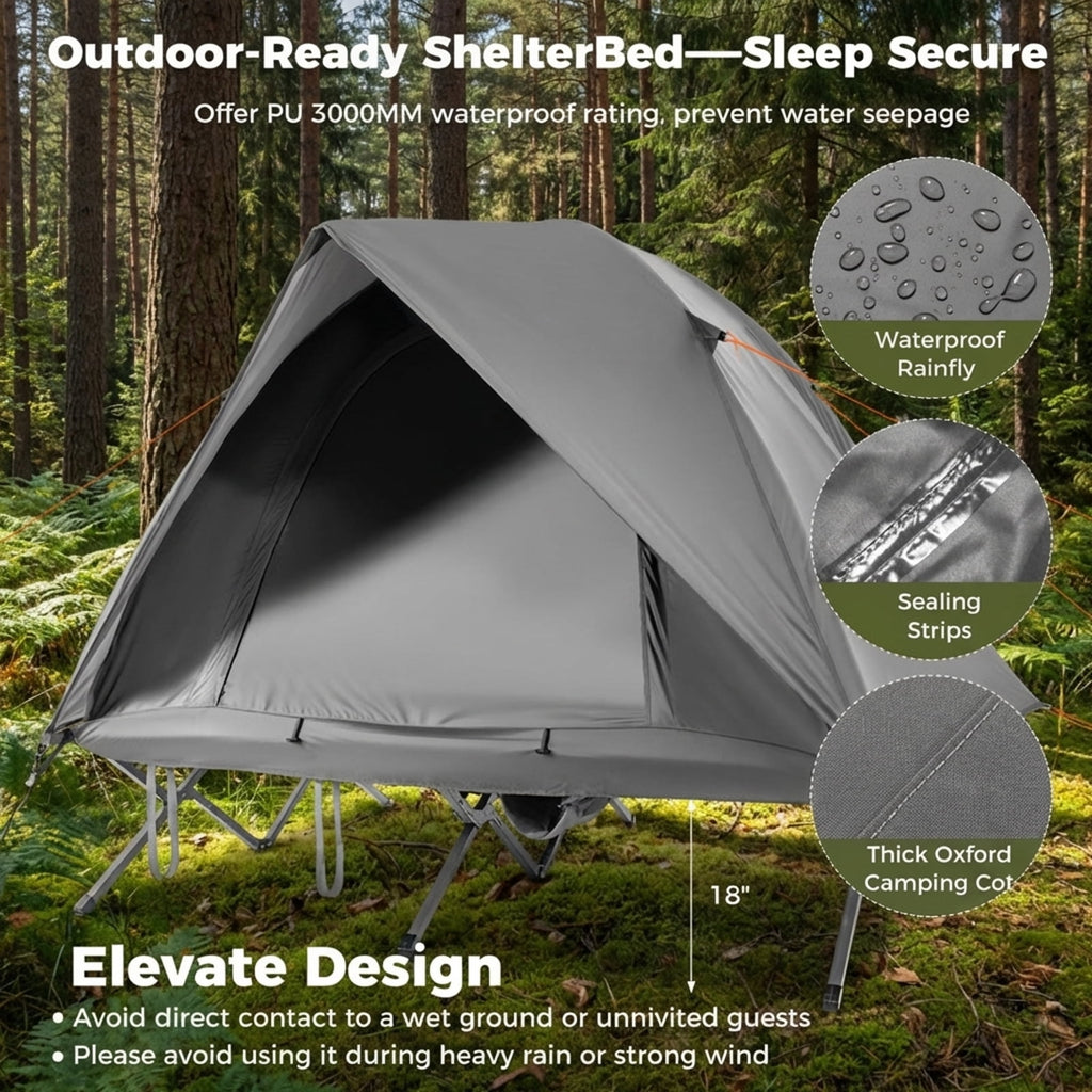 Biotree 2-Person Foldable Off-Ground Camping Cot Tent with Pop Up Shelter and Wheeled Carry Bag, Gray