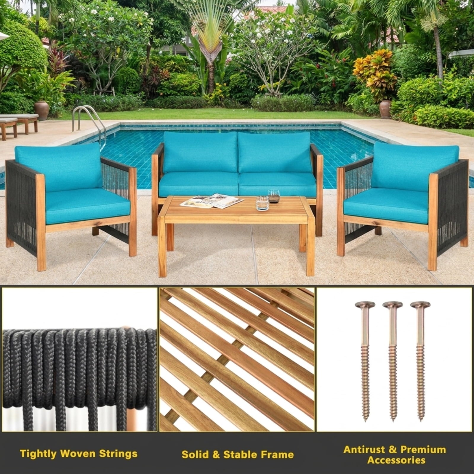 Biotree 4 Pieces Rattan Patio Furniture Set with Weather Resistant Cushions and Tempered Glass TabletopNavy