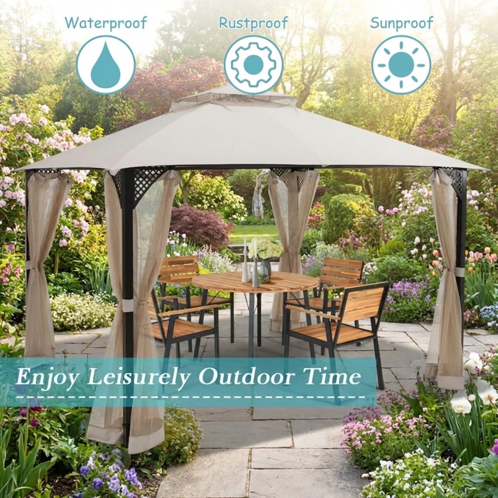 Biotree 12 x 10 Feet Outdoor Double Top Patio Gazebo Beige - Outdoor Patio Backyard Garden Shade Canopy Shelter