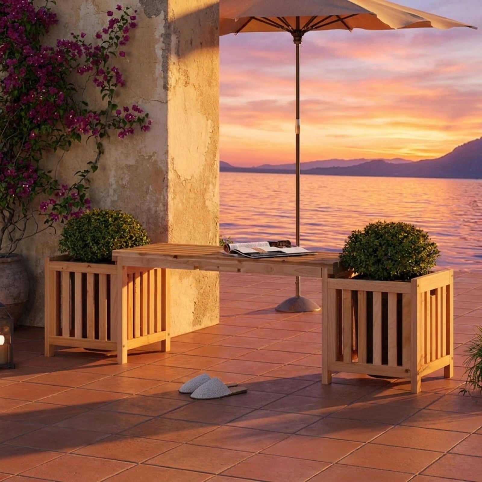 Biotree Patio Wooden Bench with Planter 2 Person Patio Bench Stackable Patio Chair for Garden BackyardNatural