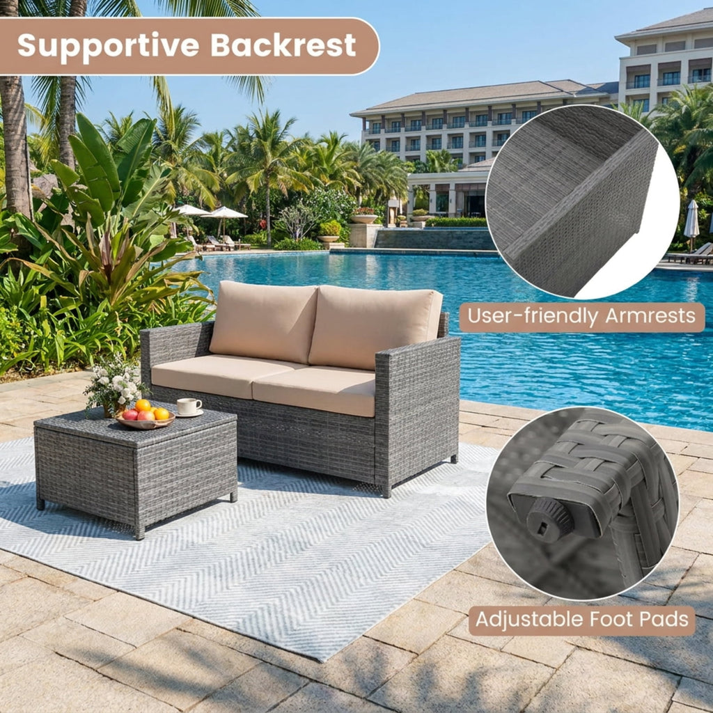 Biotree Outdoor Rattan Daybed Wicker Loveseat and 31 Gallon Storage Ottoman Outdoor Conversation Set for Garden Backyard PorchBrown