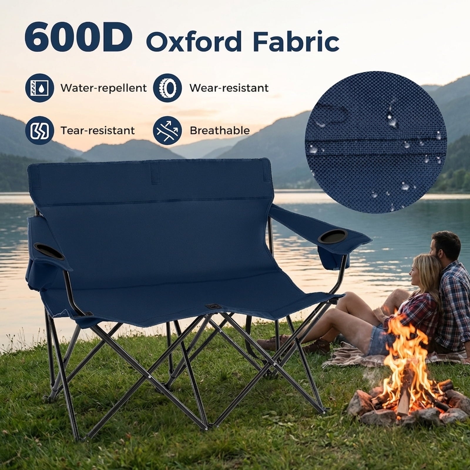 Biotree 2-Person Folding Outdoor Loveseat Camp Chair with Cup Holders Portable Double Camping Chair with Carry Bag, Blue