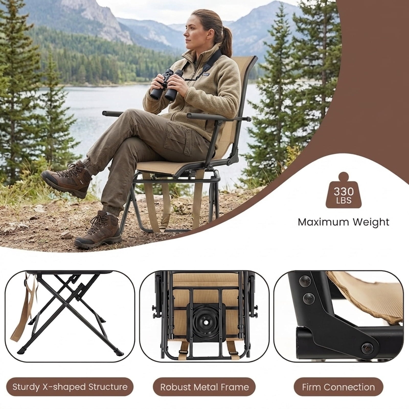 Biotree Folding 360 Degree Swivel Camping Stool with Detachable Backrest and Adjustable Height Tripod Hunting Chair, Camouflage