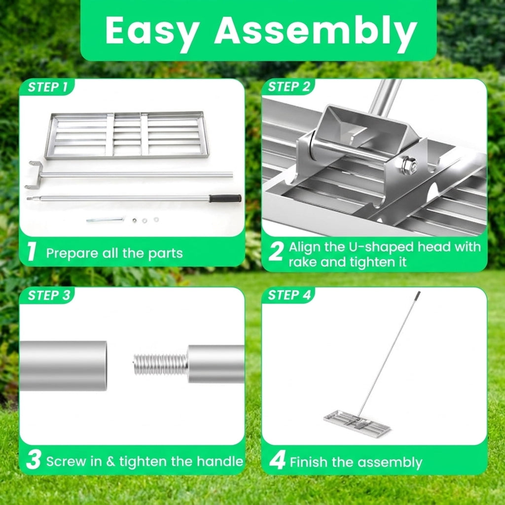 Biotree 30 x 10 Inch Lawn Leveling Rake with Ergonomic Handle for Lawn Garden Yard Soil Care, Silver