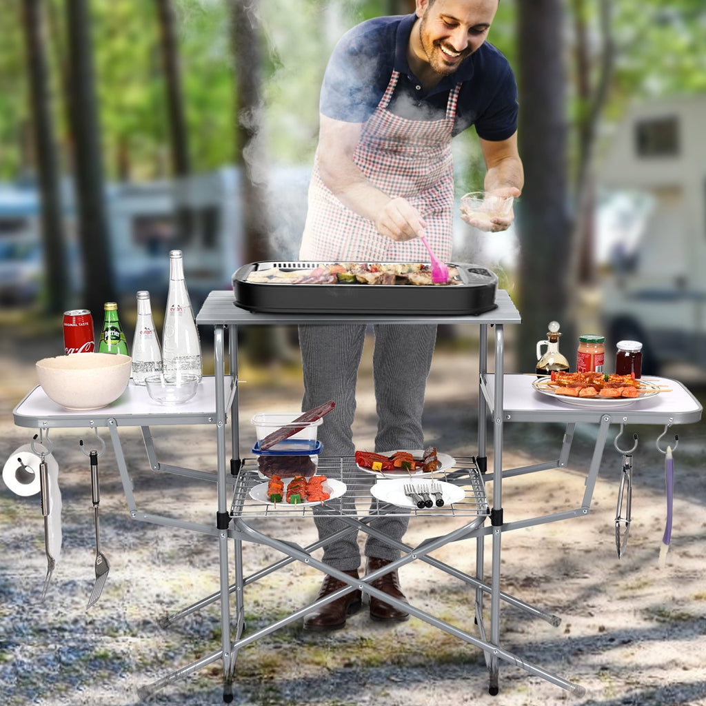 Biotree Foldable Outdoor BBQ Table Grilling Stand Portable Camping Grill Table with Storage Shelf for Outdoor Cooking, Black