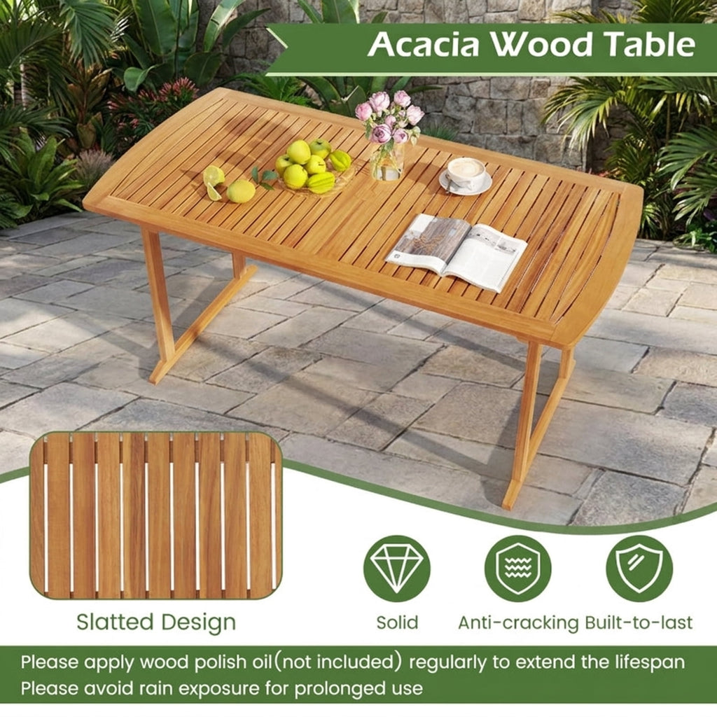Biotree 63 inch Outdoor Dining Table with Umbrella Hole and Slatted Tabletop, Natural