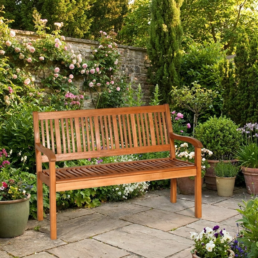 Biotree Two Person Solid Wood Garden Bench with Curved Backrest and Wide Armrest Stackable Patio Chair for Garden Backyard