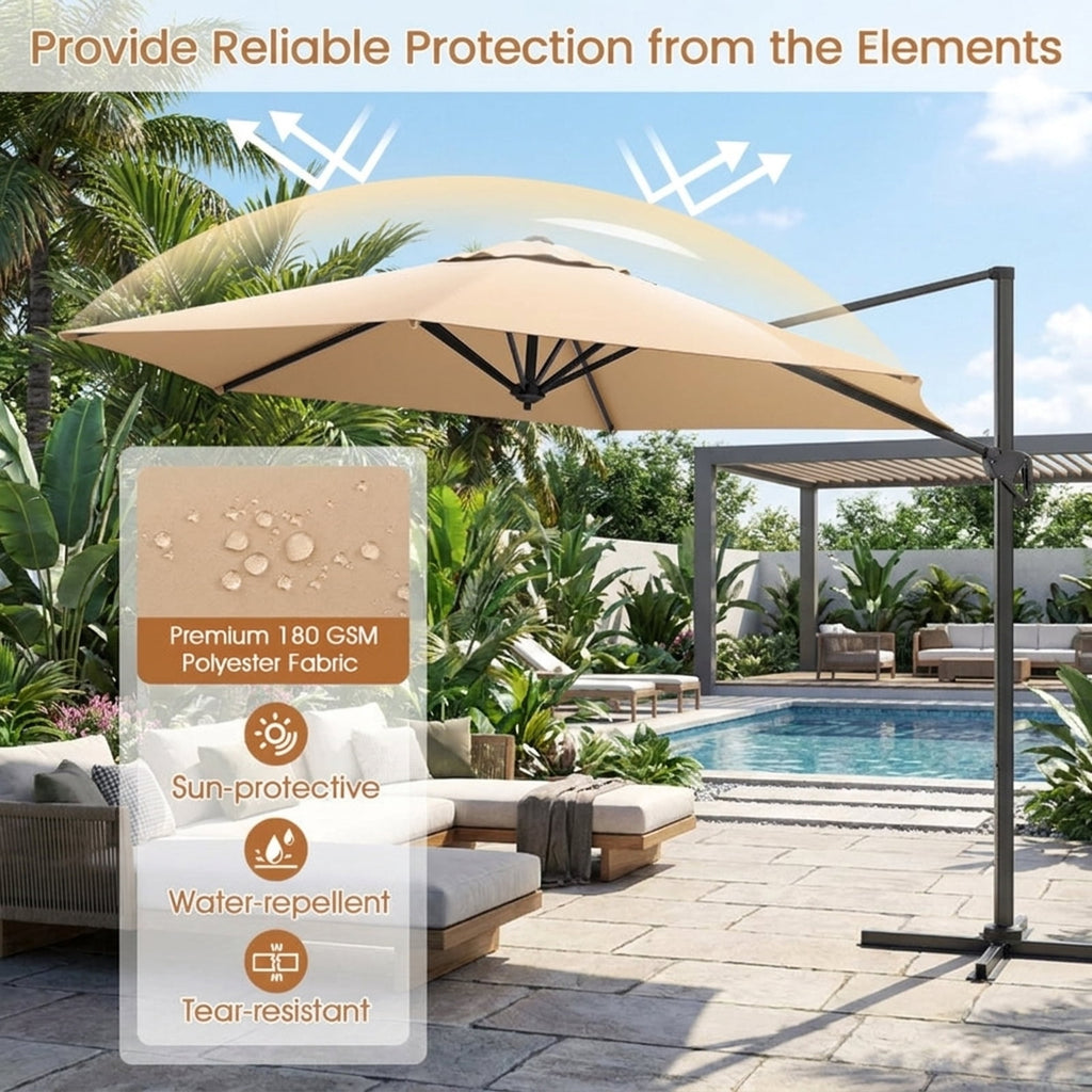 Biotree 9 ft Cantilever Patio Umbrella Offset Hanging with Cross Base, 8 Ribs - Beige for Backyard Garden Poolside